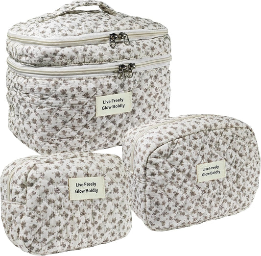 3Pcs Large Travel Quilted Makeup Bag, Double Layer Cute Floral Cotton Toiletry Bag, Aesthetic Flower Cosmetic Bag Coquette Skincare Organizer Bag for Women(75-BlackFloral)