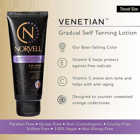 Norvell Venetian Sunless Self Tanner Gradual Color Extender Moisturizing Lotion, Travel Size 2.5 fl.oz - Self Tanning Cream with Violet and Brown Tone
