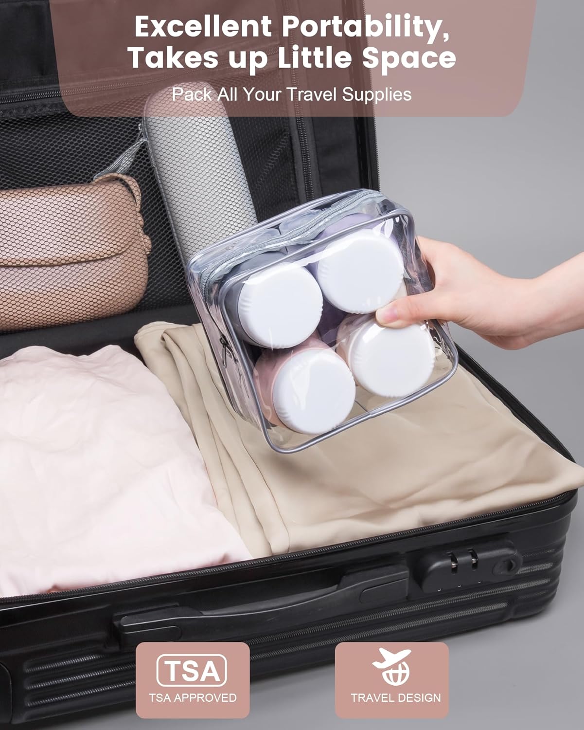 Travel Bottles for Toiletries 8 Pack, Travel Size Toiletries, Tsa Approved Travel Size Containers 3oz, with Travel Essentials Clear Bag, Leak Proof Silicone Squeezable Creams Jars