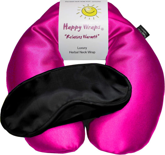 Microwavable Herbal Neck Wrap - Hot Cold Aromatherapy Neck Warming Pillow - Heating Pad for Migraines, Stress, Gifts for Women, Birthdays, Christmas and Free Sleep Mask - Hot Pink Satin