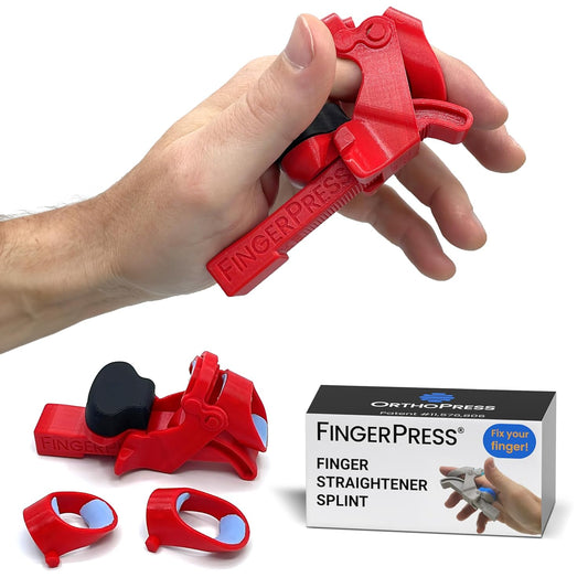 Finger Straightener | PIP Extension Orthosis/Splint For Bent Fingers, PIP Flexion Contractures | Adjustable Joint Stretcher Device | Made in USA | Red/Small