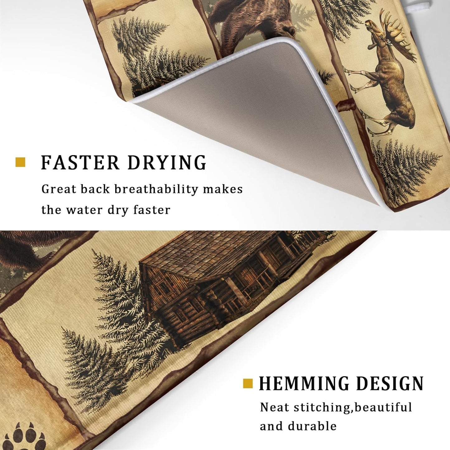 Vintage Bear Moose Dish Drying Mat 18x24 Inch Country Cabin Absorbent Dish Draining Mat Heat Resistant Drying Pad for Counter Sink Home