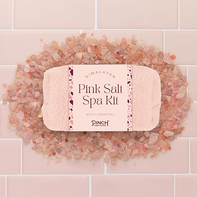 Pinch Provisions Himalayan Pink Salt Spa Kit, Spa Accessories & Essentials for Self-Care & Beauty, Includes Himalyan Salt Massager & Exfoliating Glove, Spa Set Gift, Multi-Functional Cosmetic Bag