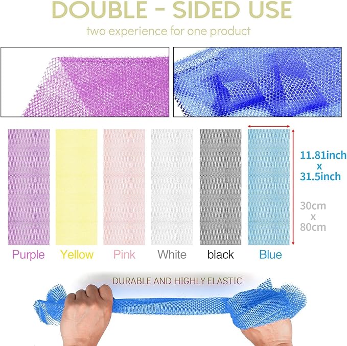 UJFQBH 6 Pieces African Bath Sponge African Net Long Net Bath Sponge Exfoliating Shower Body Scrubber Back Scrubber Skin Smoother,Great for Daily Use (Pink, Yellow, Purple, Blue, Black, Off-White)