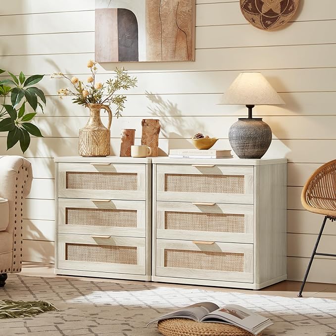 LEYAOYAO Rattan Dresser and Nightstand Sets 3 Piece, Boho Wood Dresser for Bedroom with 6 Drawers and Night Stand with 3 Drawer, Bedroom Furniture, Dressers & Chests of Drawers, Living Room, Hallway