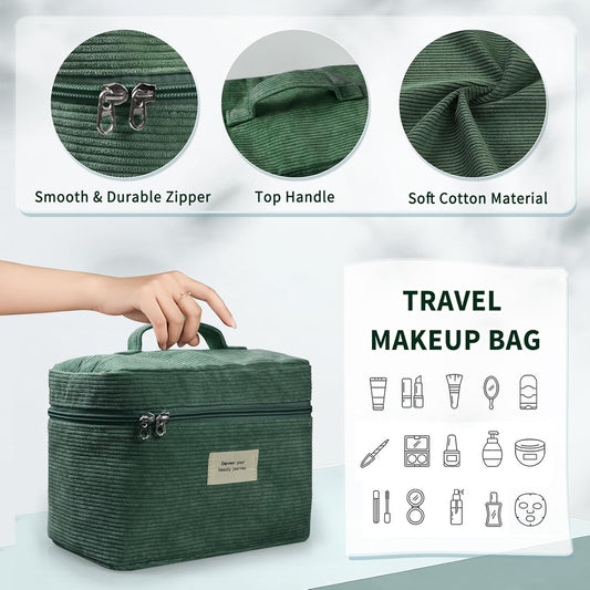 4 Pcs Makeup Bag for Women Corduroy Cosmetic Bag Aesthetic Cute Bags Multi Size Purse Pouch Travel Toiletry Bag Set Makeup Organizer with Zipper(Green)