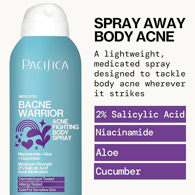 Pacifica Bacne Acne Cleanser Spray - Bacne Warrior - Body Spray for Acne Treatment - w/ 2% Salicylic Acid Niacinamide & Aloe - for Body, Chest & Back Acne for Teens & Adults Vegan Dermatologist Tested