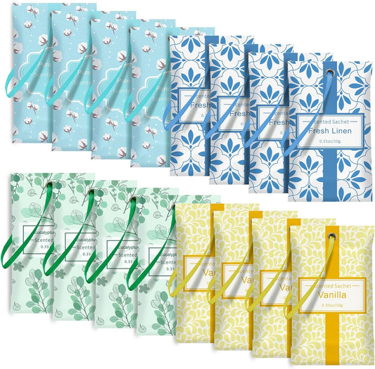 SCENTORINI Sachets for Drawers and Closets, Sachets Bags Long-Lasting, Linen Vanilla Cotton Eucalyptus & Sage, Pack of 16, Home Fragrance Sachet for Closet, Drawer, Wardrobe