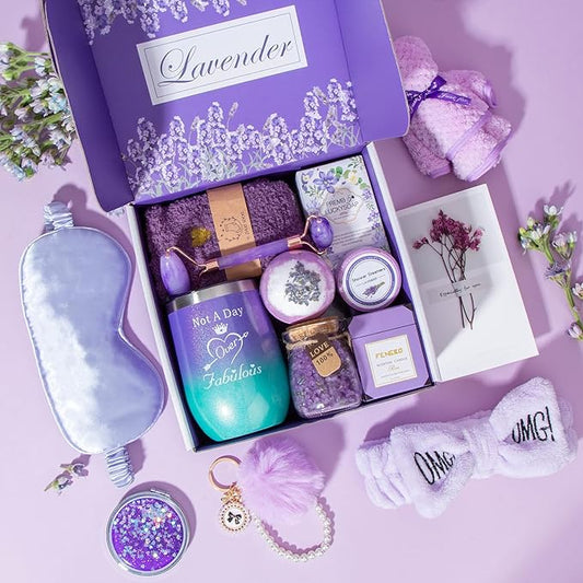 Birthday Gifts for Women,Gifts for Her Purple Gifts Basket for Women Happy Birthday Lavender Relaxing Gift Set Self Care Package Unique Female Gift Ideas Birthday Presents Female Friendship Gifts