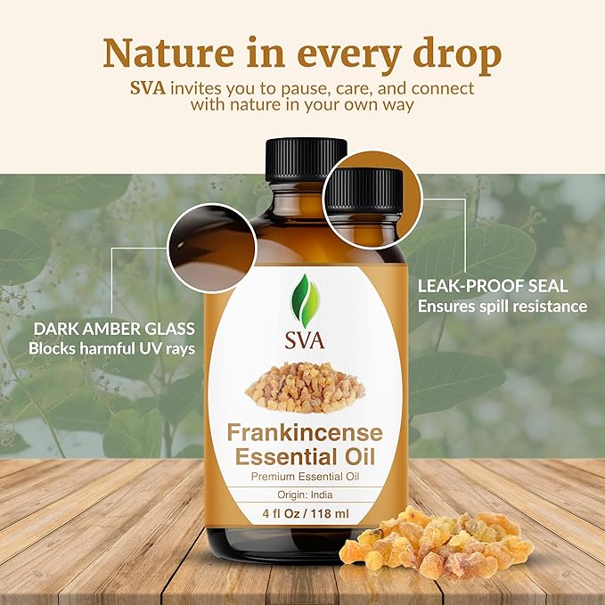 SVA Frankincense Essential Oil – 4 Fl Oz – 100% Natural Boswellia Serrata Oil - for Diffuser, Hair Care, Face, Skin Care, Aromatherapy, Scalp and Body Massage, Soap and Candle Making – with Dropper