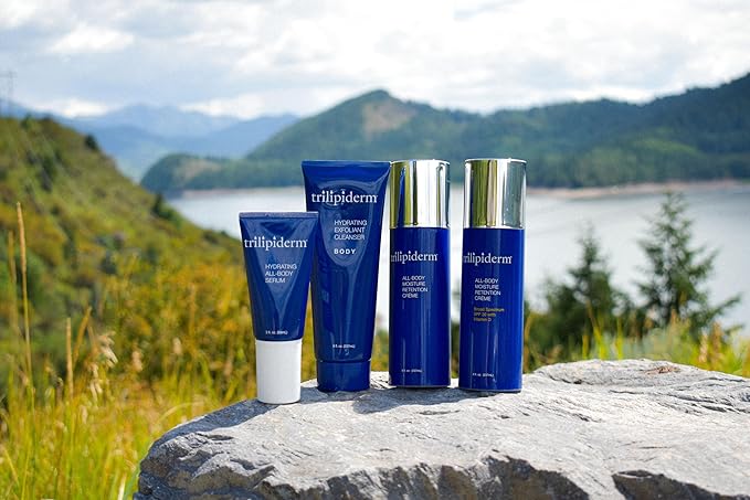 Trilipiderm Essential Body Regimen Bundle Set – 4 Simple Steps for this regimen - Start with Gentle Exfoliant Cleanser, Sun Care and Rejuvenating System that is powerful, natural and healthy hydration