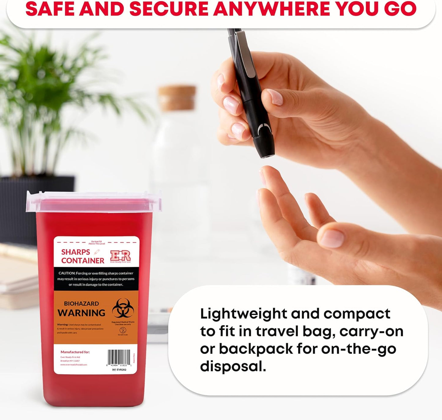 Ever Ready First Aid Sharps Container with Split Lid Design and Locking Mechanism for Sharp Waste Disposal, 1 Quart - 24 Count