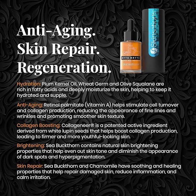 Skinsations - Retinol Face Oil Infusion - NYTE BRYTE - Anti-Aging, Collagen Boosting, Antioxidant Protection, Skin Care - Retinol, Plum Kernel Oil, Sea Buckthorn, Wheat Germ Oil, Vitamin A, Vitamin E