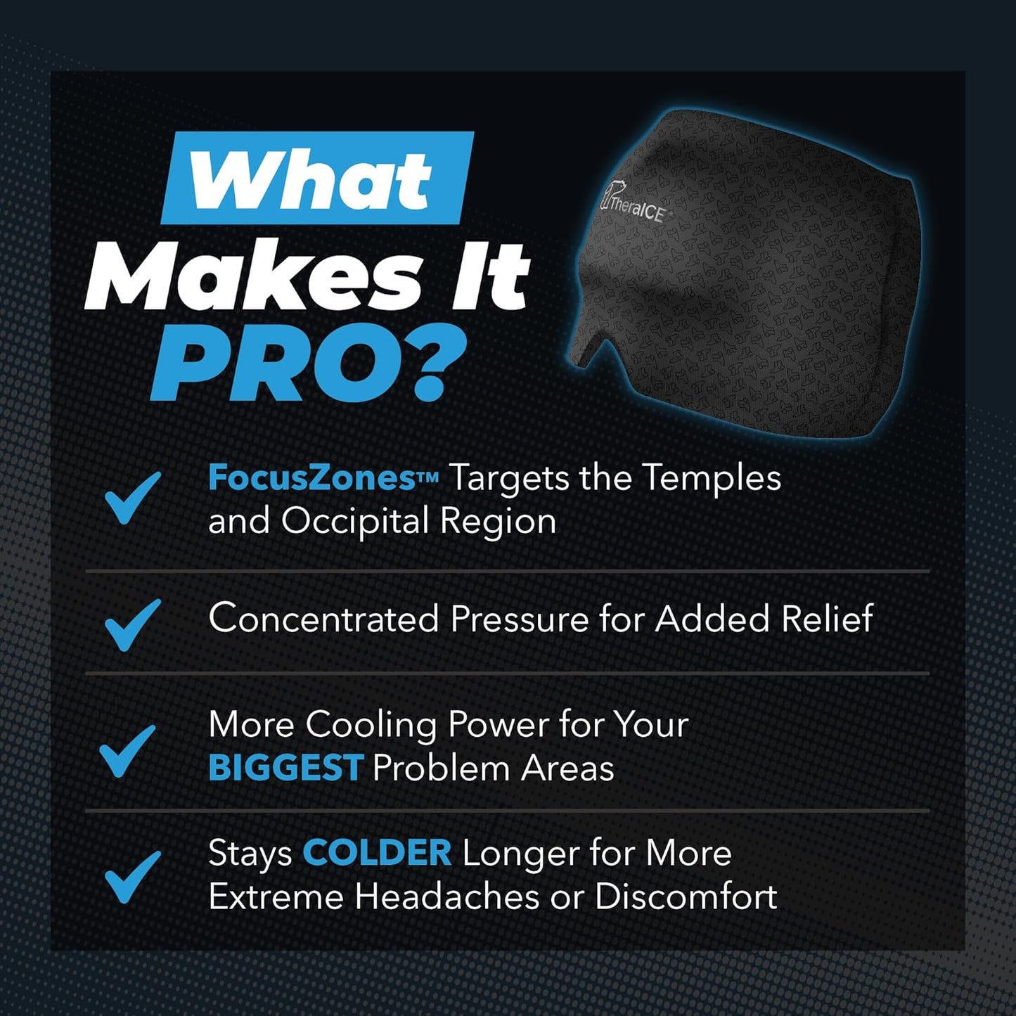 TheraICE Migraine Relief Cap PRO, Headache Relief Cap, Ice Face Mask, Cold Compress Head Wrap for Tension Headache Relief, Stress & Hangover, FocusZone Technology Provides Extra Cooling & Pressure