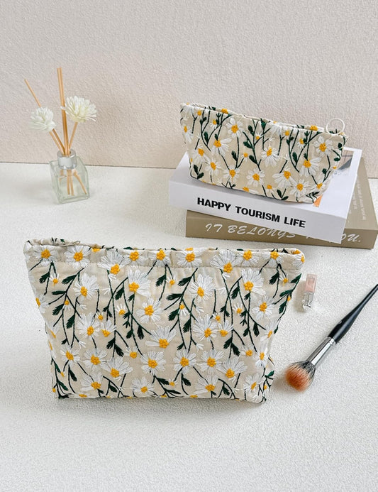 2 Pcs Makeup Bags, Large Cosmetic Bag Travel Toiletry Bag Organizer for Women, Embroidery Craft, Floral Makeup Bag Small Cosmetic Pouch Purse with Zipper Gifts for Girls Teen