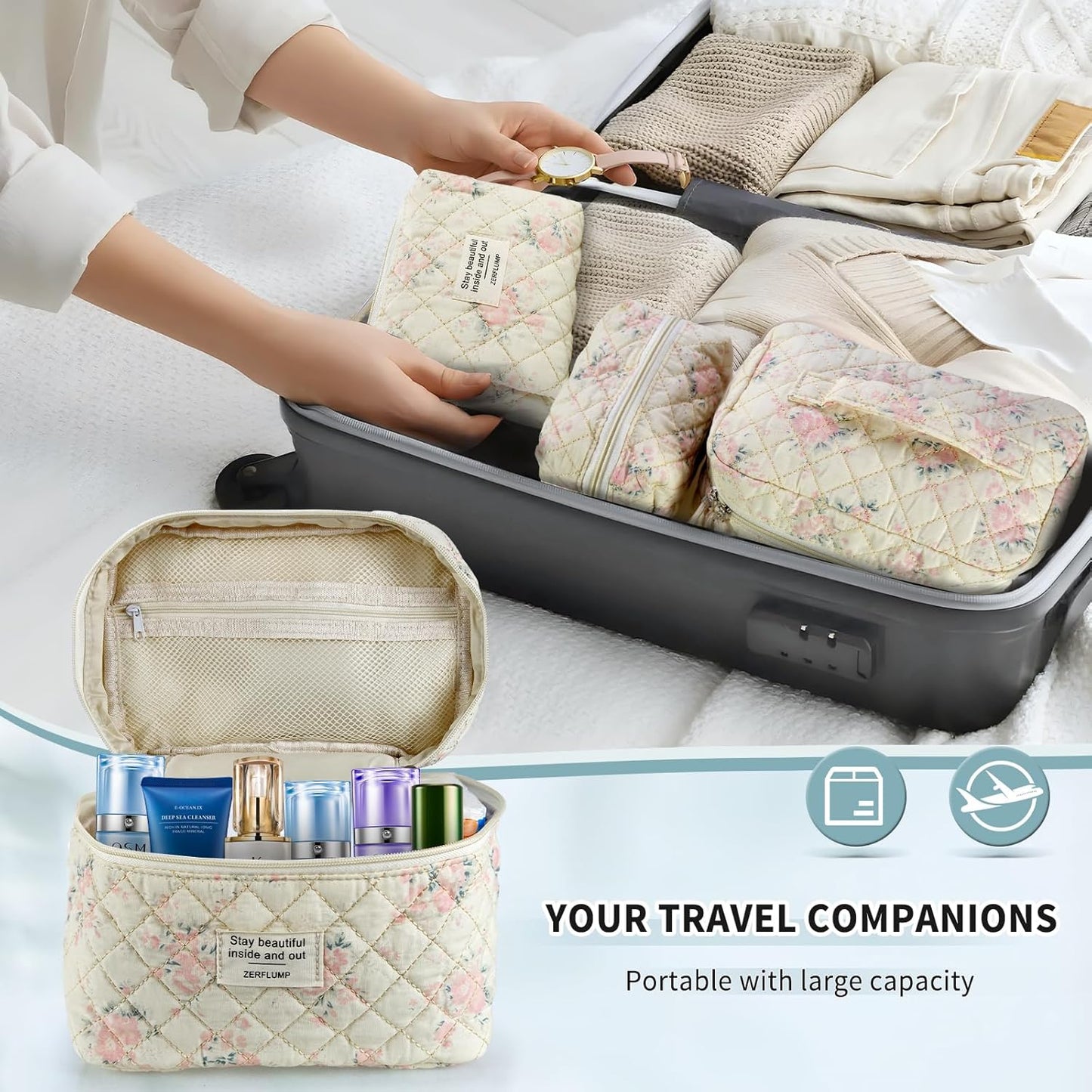 Cute Quilted Floral Makeup Bag(3Pcs)，Coquette Aesthetic Cosmetic Bag，Travel Toiletry Bags， Kawaii Aesthetic pouch for Women (3 - Pink Flower)