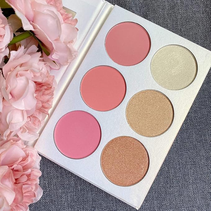 Blusher & Illuminator Highlighter & Bronzer Powder Contour Collection Set - 3 Blusher & 3 Highlighter Powder Palette - Perfect for Contouring and Highlighting - Vegan and Cruelty Free