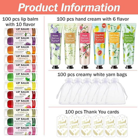 AZEN 100 Sets Hand Cream Bulk and Lip Balm Bulk Set, Bridal Shower Gifts for Guests with Organza Bag Thank You Card, Thank You Gifts for Coworkers Women Men, Bridal Wedding Favors for Guests