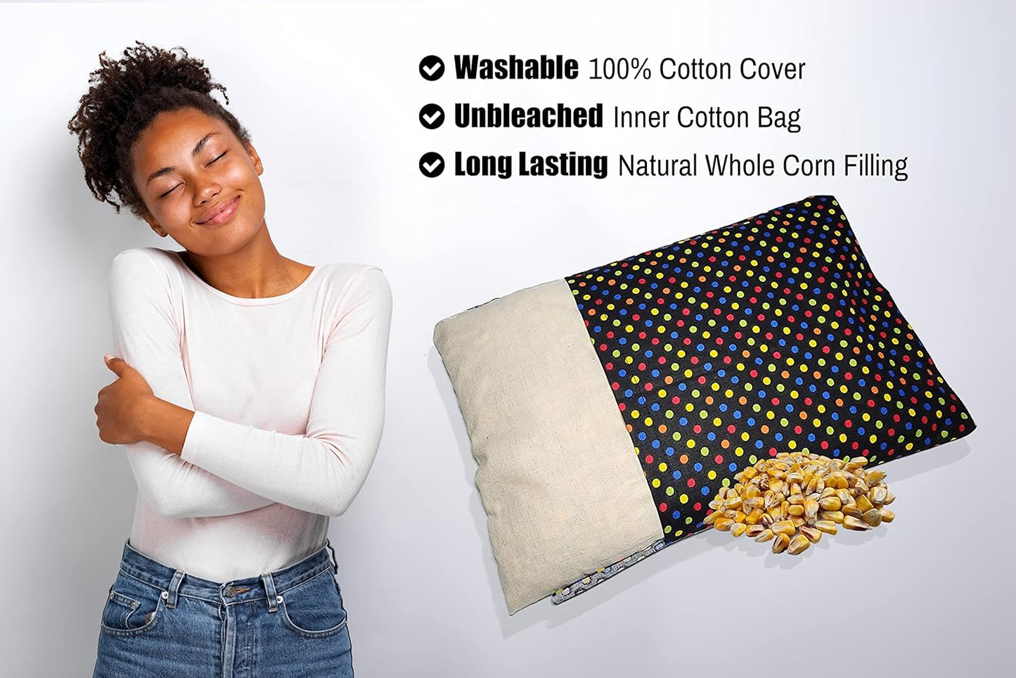 Microwavable Corn Filled Heating Pad and Cold Pack/Washable 100% Cotton Cover (Polka Dot - Multi Color, 7.5in W x 11in L)