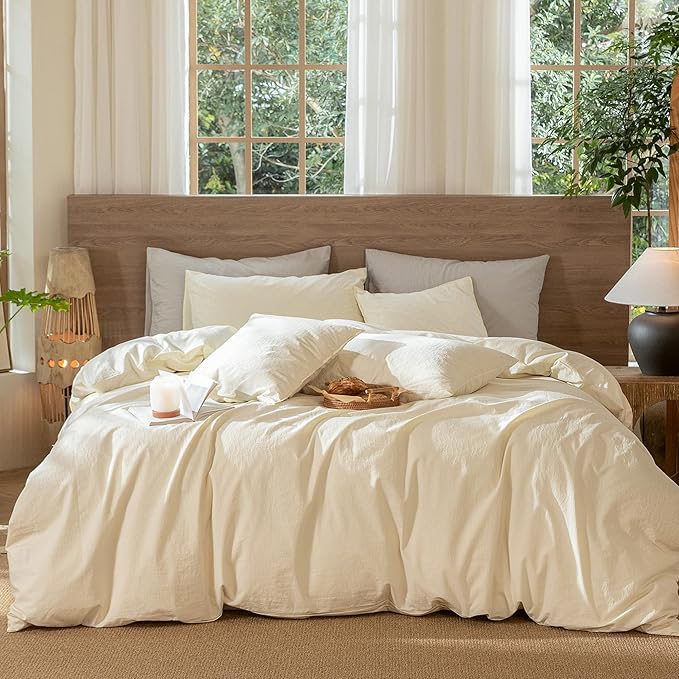 MooMee Wavy Striped Duvet Cover Set 100% Washed Cotton Linen Like Textured Breathable Durable Soft Comfy (Cream White, Alaska King 132"x120")