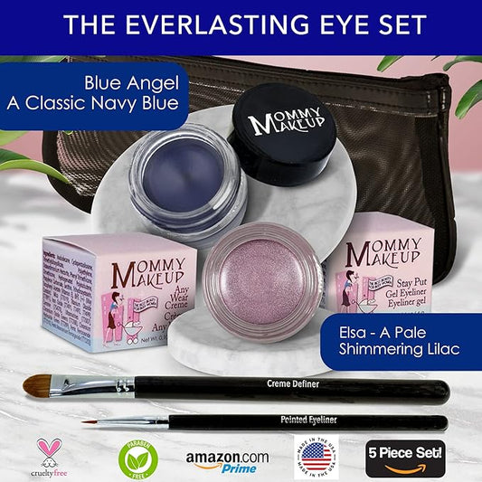 The Everlasting Eye 5 Piece Waterproof Makeup Set. Gel Eyeliner, Creme Eyeshadow, 2 brushes and Mesh Bag. Paraben-free, Talc-free, Cruelty-free. Elsa/Blue Angel 1112