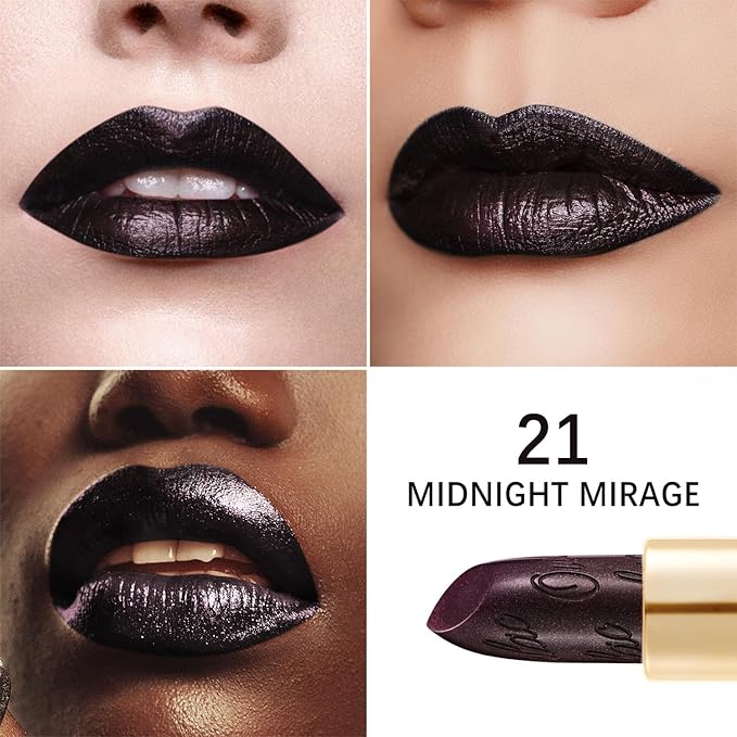 Oulac Metallic Black Lipstick for Women, High-Impact Lipcolor with Moisturizing Creamy Formula, Vegan & Cruelty-Free, Full-Coverage Matte Lipstick, Midnight Mirage (21)