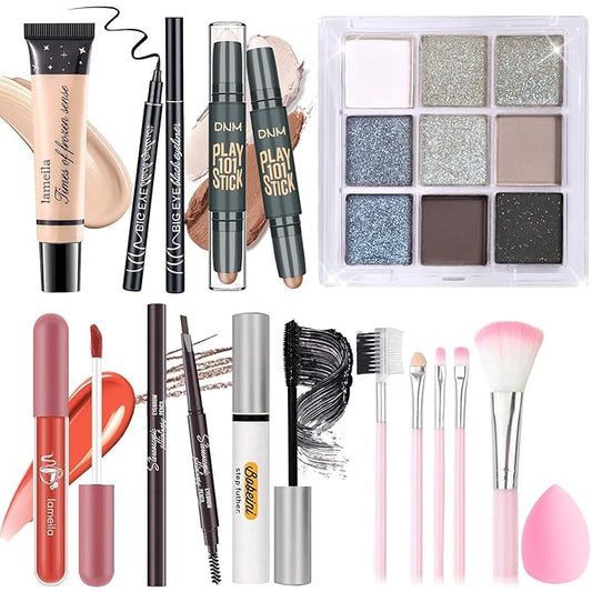 Makeup Set Kit for Women Girls Teens, Makeup Present Set, Includes 9 Color Eyeshadow, Counter Stick, Foundation, Eyebrow Pencil, Eyeliner, Mascara, Lip Gloss, 5Pcs Brushes, Sponge