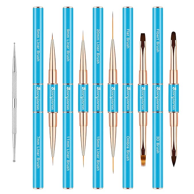 Nail Art Bushes Set, Professional 5Pcs Double-Ended Nail Brush Kit for Details, Long Lines, Ombre & 3D Design-Perfect for DIY Manicures & Salons (Blue)