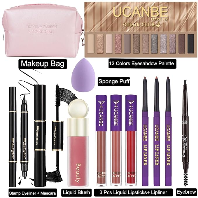 UCANE All In One Makeup Sets For Women, Naked Eyeshadow, Lipsticks, Lipgloss, Mascara, Eyeliner, Eyebrow Pencil, Liquid Blush, Cosmetic Bag, Beauty Gift Kit For Teens