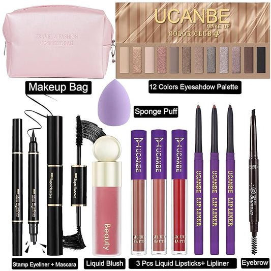 UCANE All In One Makeup Sets For Women, Naked Eyeshadow, Lipsticks, Lipgloss, Mascara, Eyeliner, Eyebrow Pencil, Liquid Blush, Cosmetic Bag, Beauty Gift Kit For Teens
