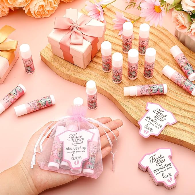 Demissle 50 Pcs Baby Shower Lip Balm Gift Set with 100 Pcs Organza Bags Baby Shower Party Favor for Guest Thank You Tag Rope Baby Shower Party Decoration Gender Reveal Souvenirs(Elephant)