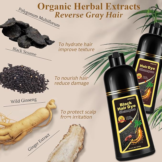 Natural Black Tea Hair Dye Shampoo 3-in-1, 100% Gray Hair Coverage in Minutes, Hair Instant Dye Shampoo for Women Men, Plant Based Hair Color Shampoo with Conditioner, Champu Con Tinte Para Canas