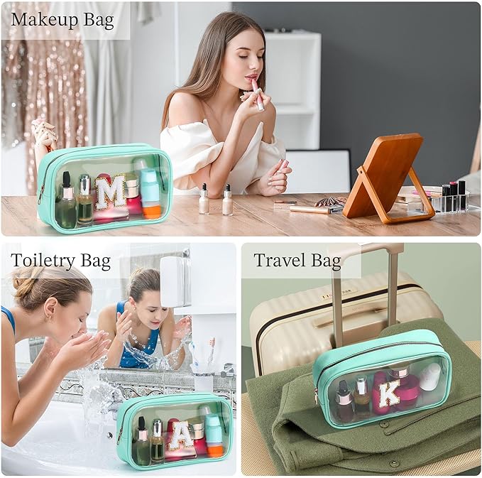 YOOLIFE Initial Make Up Bag Travel Toiletry Bag, Clear Makeup Bag Preppy Cosmetic Bags Organizer Travel Essentials Gifts for Women Teen Girlfriend Teacher Mom Birthday 12 Year Old Girl Gifts Blue T