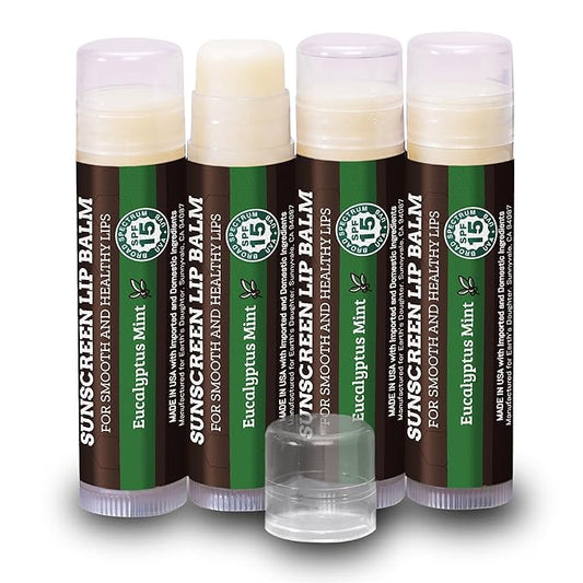 SPF Lip Balm 4-Pack by Earth's Daughter - Lip Sunscreen, SPF 15, Organic Ingredients, Eucalyptus Mint Flavor, Beeswax, Coconut Oil, Vitamin E - Hypoallergenic, Paraben Free, Gluten Free