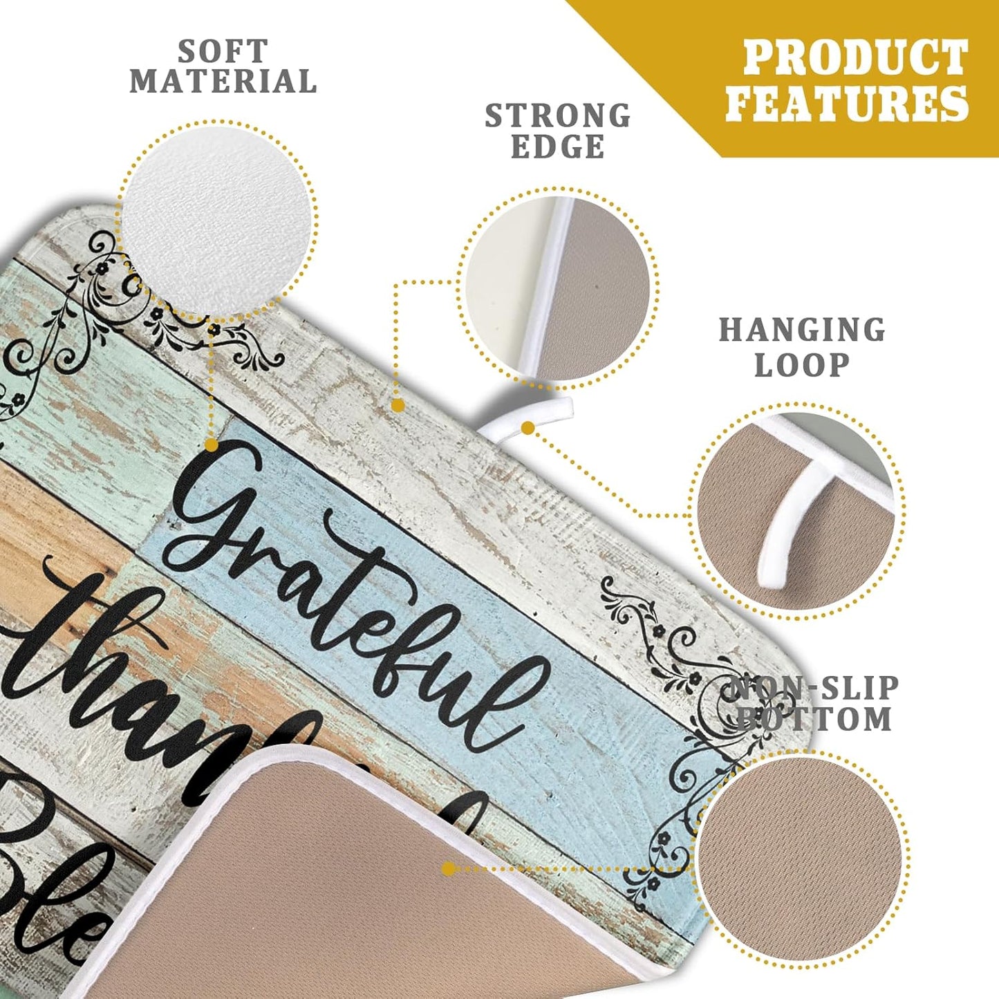 Rustic Wood Dish Drying Mat 16x18 Inch Grateful Thankful Blessed Kitchen Drainer Mats Absorbent Microfiber Rack Holder Countertop Pad