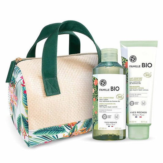 Yves Rocher Famille BIO Organic Cleansing Gel & Nourishing Comfort Milk Gift Set, Includes Vanity Bag, Apple Extract Botanical Formula, Organic Skin Care Products for Kids & Families