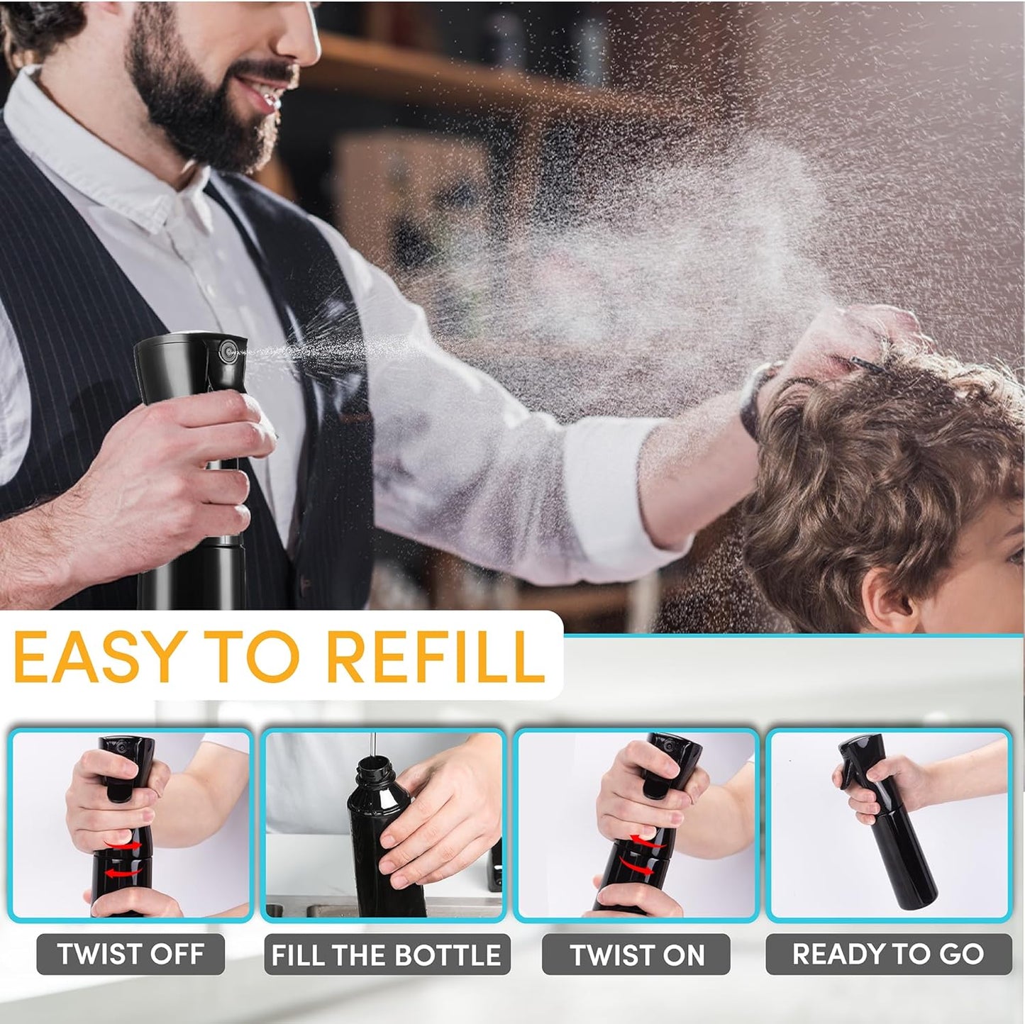 Hula Home Spray Bottle for Hair (10.1oz/300ml) - Powered by Flairosol® Spray Technology - Continuous Ultra Fine Mist Sprayer – For Hairstyling, Cleaning, Salons, Plants, Essential Oil & More - Black