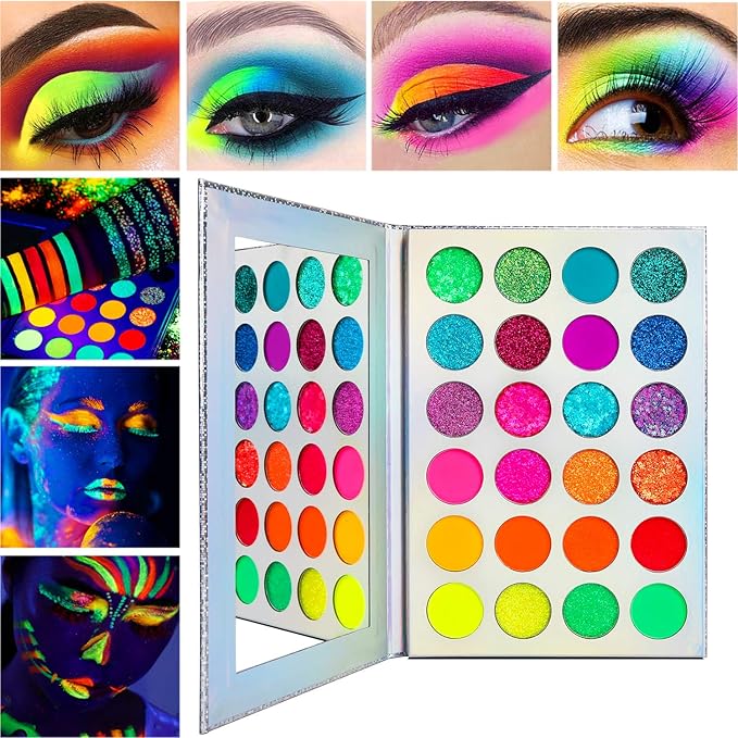 DE'LANCI Neon Eyeshadow Palette Glow in the Dark, Aurora Glow Eyeshadow Pallets Stage, Halloween Christmas Makeup Kit UV Blacklight Matte and Glitter Fluorescent Eye Shadows Highly Pigment