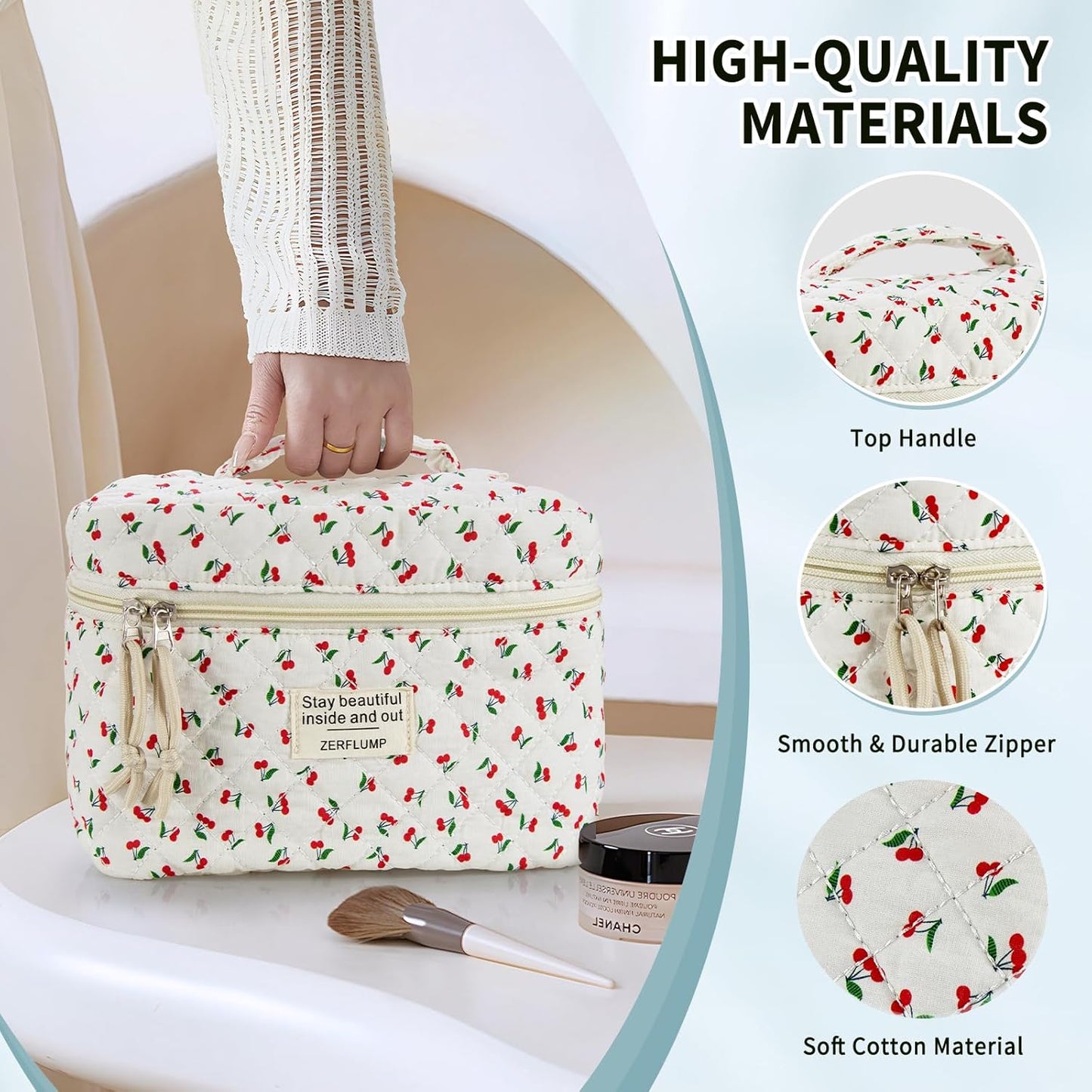 Cute Quilted Floral Makeup Bag(3Pcs)，Coquette Aesthetic Cosmetic Bag，Travel Toiletry Bags， Kawaii Aesthetic pouch for Women (5 - Cherry)