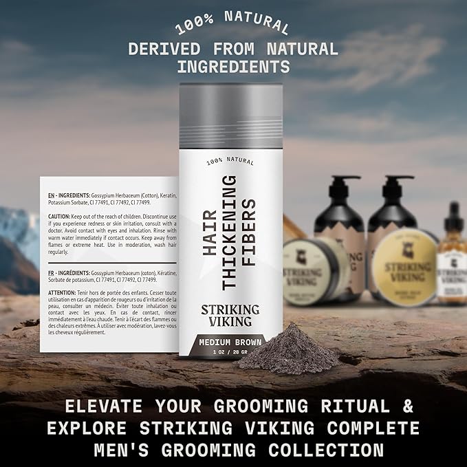 Striking Viking Hair Fibers for Thinning Hair (Medium Brown) 28g - Naturally Derived - Long Lasting Powder, Undetectable, Thicker Look for Men & Women