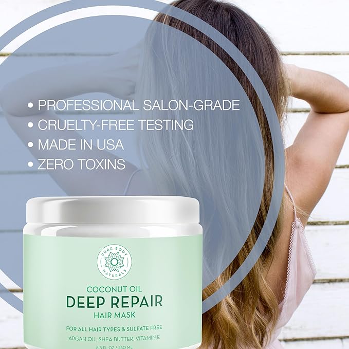 Pure Body Naturals Coconut Oil Hair Mask, Deep Conditioning Hair Treatment for Dry Damaged and Color Treated Hair, Sulfate Free Hair Conditioner, Moisturizes, Repairs, 8.8 Fl Oz