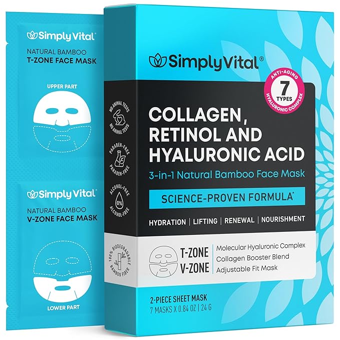 SimplyVital Collagen Facial Mask with Retinol & Hyaluronic Acid - Hydrating Face Masks Skincare - Visibly Firming and Lifting T Line & V Line Sheet Mask for Women - Mascarillas Para la Cara - 7 Pack