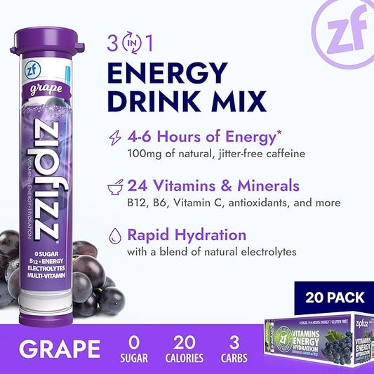 Zipfizz Daily Energy Drink Powder, Grape, 20 Pack | 3-in-1 Sustained Energy, Rapid Hydration, and Essential Vitamins | Sugar-Free | Electrolyte Powder | Contains Vitamin B-12 & Antioxidants