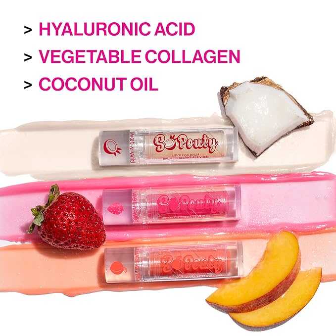 wet n wild Perfect Pout So Pouty Shine Tinted Lip Balm Peach Flavored, Hyaluronic Acid, Vegan Collagen, Moisturizing For Dry Lip Care, Pink (Pack of 2)