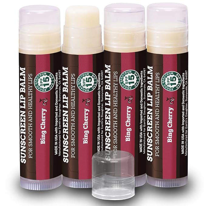 SPF Lip Balm 4-Pack by Earth's Daughter - Lip Sunscreen, SPF 15, Organic Ingredients, Cherry Flavor, Beeswax, Coconut Oil, Vitamin E - Hypoallergenic, Paraben Free, Gluten Free