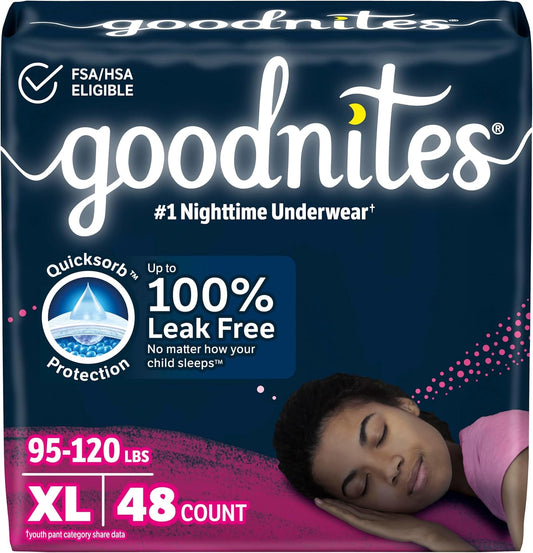 Goodnites Girls' Nighttime Bedwetting Underwear, Size Extra Large (95-120 lbs), 48 Ct (2 Packs of 24), Packaging May Vary