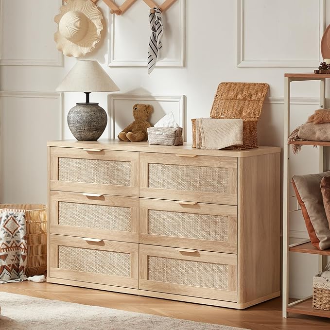 LEYAOYAO Rattan Dresser and Nightstand Set of 2, Boho Wood Dresser for Bedroom with 6 Drawers and Night Stand with Charging Station, Bedroom Furniture, Dressers & Chests of Drawers,Living Room,Hallway