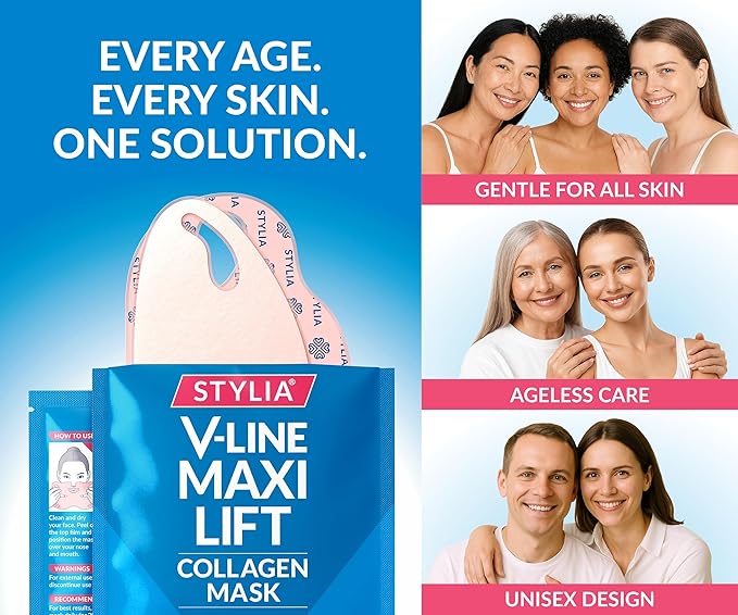 Stylia MaxiLift V-Line Lifting Collagen Face Mask – Enhanced Double Chin Reducer – Jawline Shaper Face Lifting Masks – Firming Neck Lift Collagen Mask – Chin Strap for Sleeping – Hyaluronic, Aloe 10PC