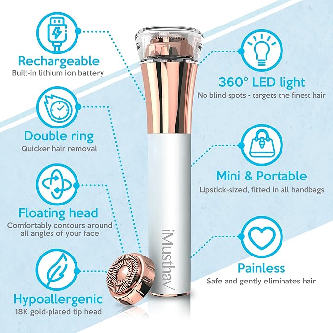 Facial Hair Remover for Women Painless Flawless Electric Razor Epilator Trimmer Shaver with 18K Gold-Plated, 16mm Dual Ring Floating Head, USB Rechargeable, 360° LED for Face Lip Hair Removal