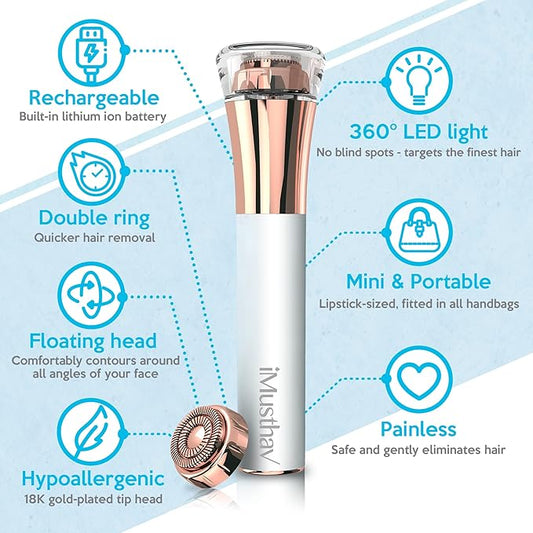 Facial Hair Remover for Women Painless Flawless Electric Razor Epilator Trimmer Shaver with 18K Gold-Plated, 16mm Dual Ring Floating Head, USB Rechargeable, 360° LED for Face Lip Hair Removal